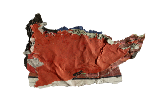A red flag shape collage from torn old newspaper