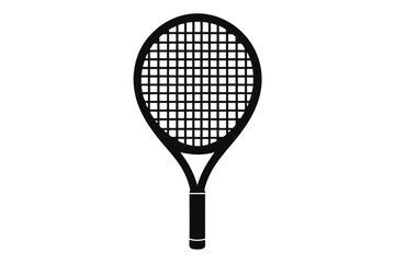 A simple black silhouette of a tennis racket lies isolated on a white surface