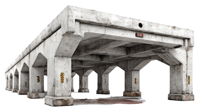 Underneath the City: A weathered concrete overpass stands as a testament to urban infrastructure, its arches forming an intricate network of support. Its raw.
