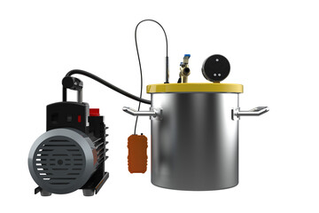 Industrial Vacuum Degassing Setup with Stainless Steel Chamber and digital thermometer, Pump Manometer and Connections with Gauge and Hoses for Removing Air Bubbles from Liquids PNG Transparent 