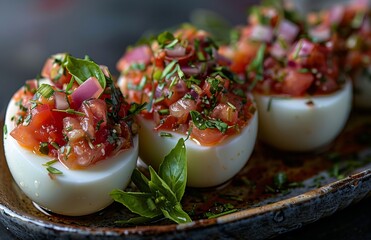 Delicious Hard Boiled Eggs with Chunky Tomato Relish and Sliced Onions Garnish