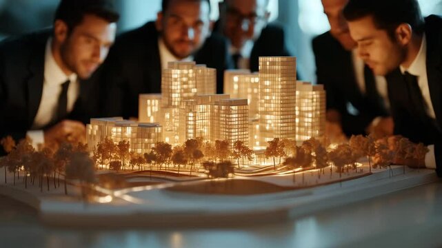 real estate development team discussing new construction project using complex architectural scale model on table in modern office setting