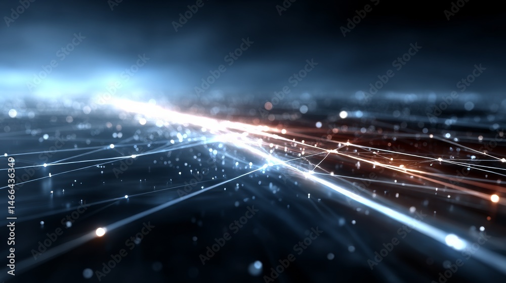 Fototapete abstract data network: glowing nodes and lines connecting in a futuristic landscape, technology conc