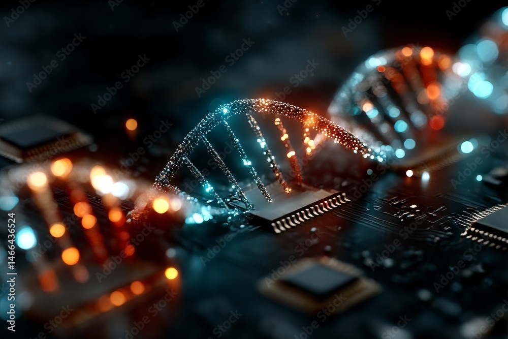 Leinwandbilder Advanced Technology Convergence: Glowing DNA Helix on a High-Tech Circuit Board Interface