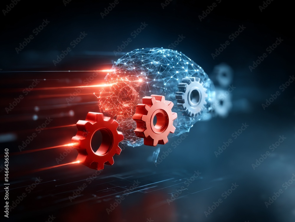 Poster ai brain power: gears turning for machine learning and innovation, driving technological advancement