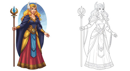 Obraz premium Valkyrie Goddess: A captivating illustration of a valiant Valkyrie Goddess, dressed in flowing robes and wielding a staff, in both colored and line art formats.