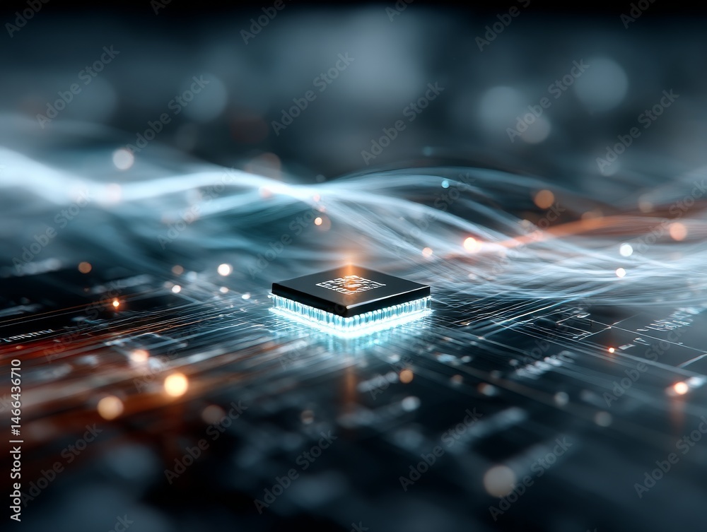 Aufkleber central processing unit: illuminated microchip with data streams in abstract tech landscape