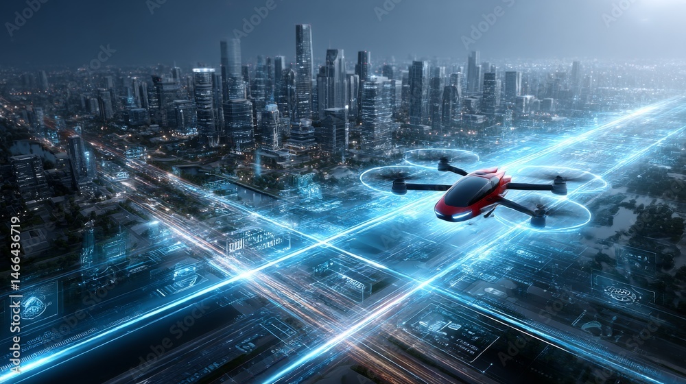 Poster autonomous drone delivery system navigating a futuristic smart city landscape at night.