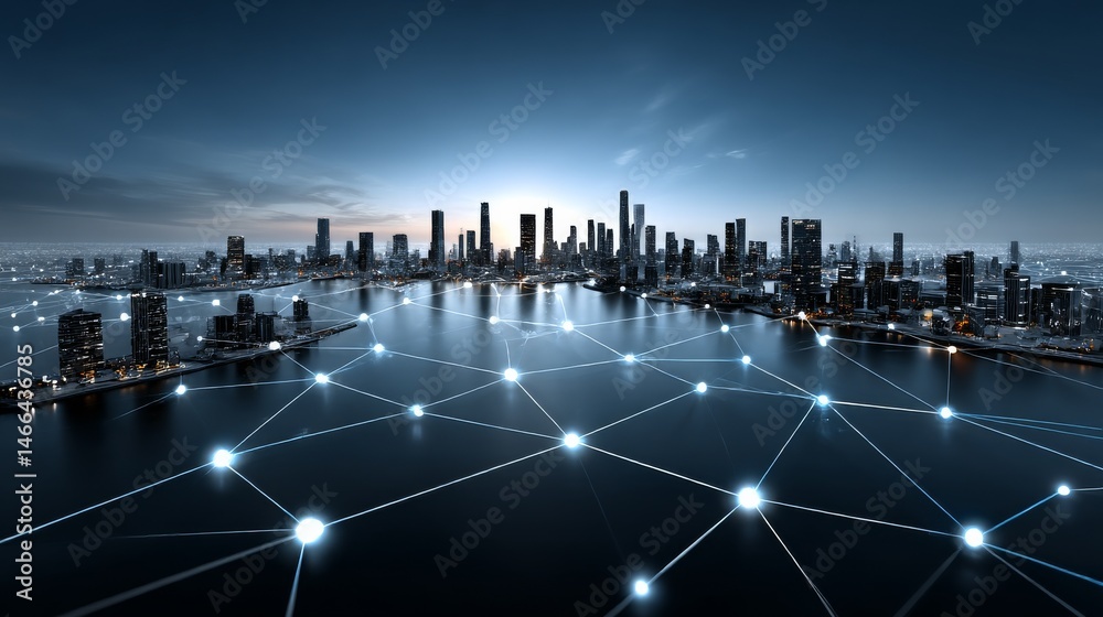 Poster cityscape network: futuristic urban skyline illuminated with glowing network connections at twilight
