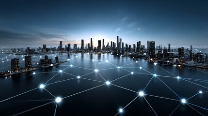 Obraz premium Cityscape Network: Futuristic urban skyline illuminated with glowing network connections at twilight.