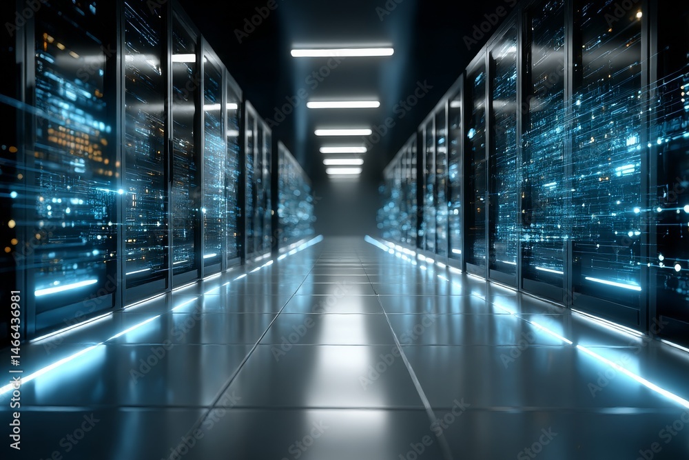 Poster Data Center: A modern corridor illuminated by glowing lights, lined with server racks processing information.