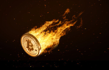 Bitcoin cryptocurrency burning in fire. Burning crypto currency bitcoin symbol isolated on black background. Coin engulfed in flames erupts. 3d animation of 4K