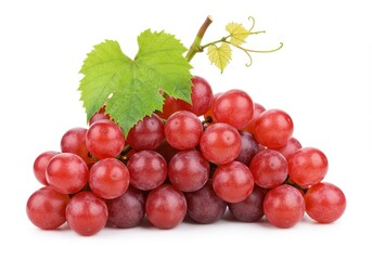Fototapeta premium Close up of a bunch of red grapes with a green leaf on a white background