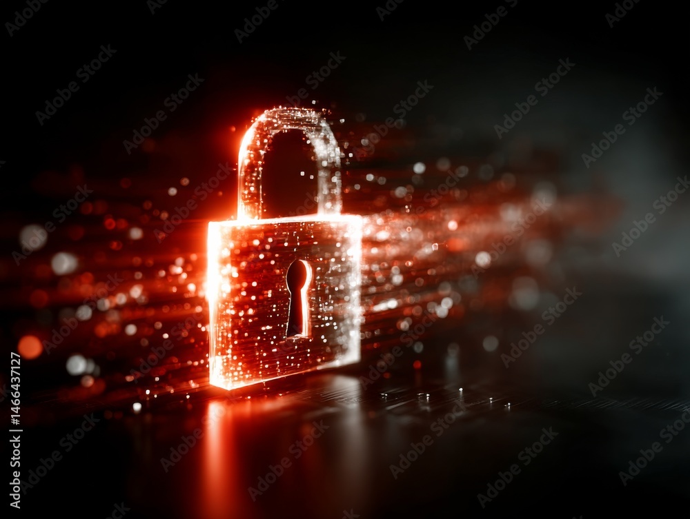 Poster Digital Security: Glowing Lock Symbolizing Data Protection and Cybersecurity in a Technological Environment