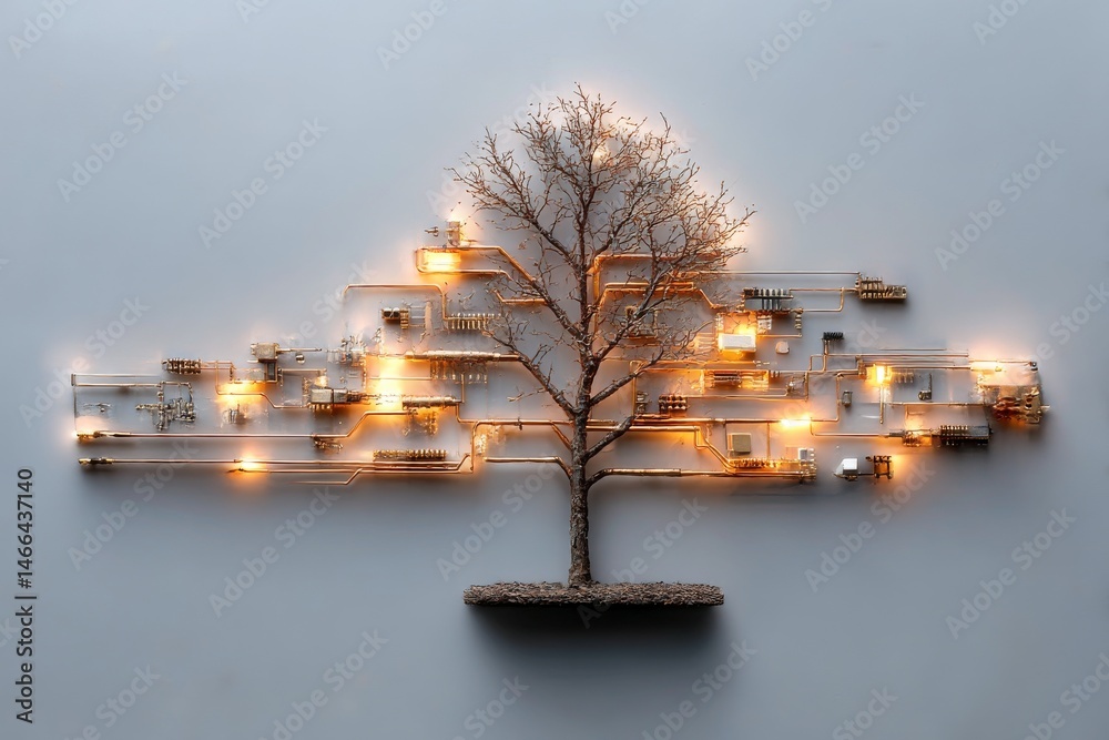 Poster digital tree: a fusion of nature and technology, circuit boards and glowing connections on a clean b