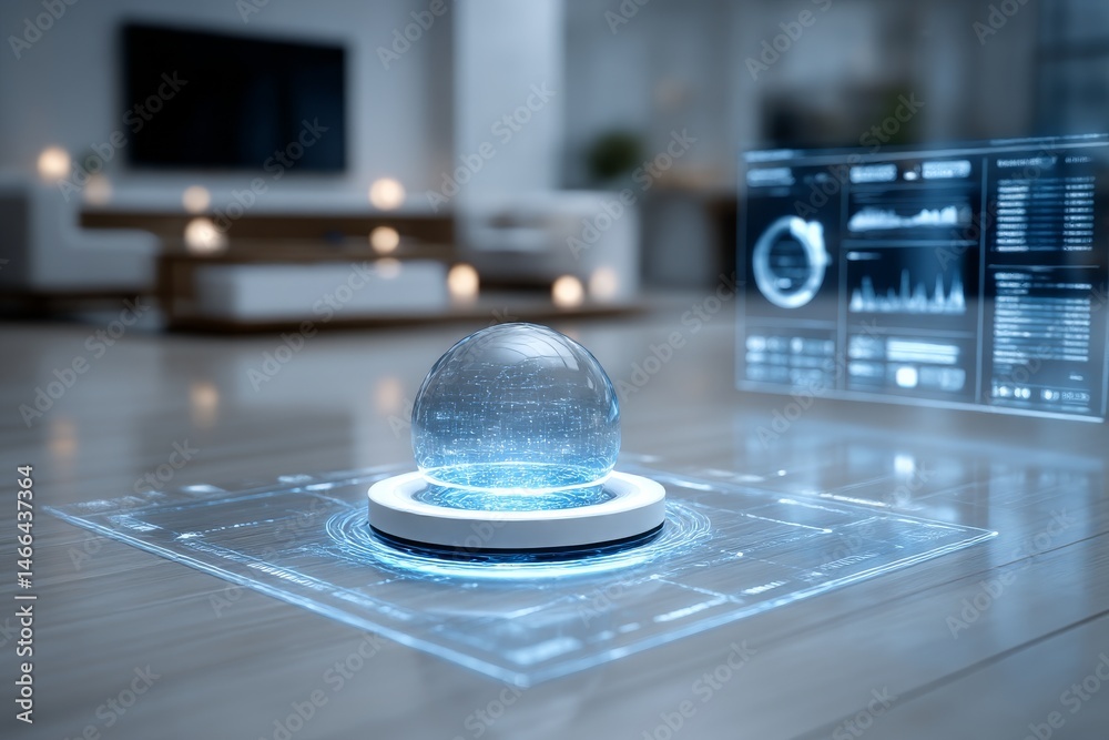 Poster Futuristic Home Interface: A luminous glass sphere interacts with data visualizations in a sleek, modern living space.