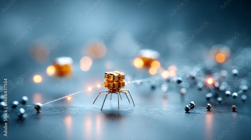 Aufkleber golden nano-assembler: crafting molecular chains on a blue landscape with illuminated connections fo