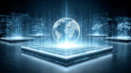 Global Data Network: Holographic Earth on Platform with Digital Overlays in Cyberspace.