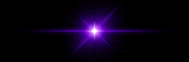 Fototapeta premium Purple luminous core with linear rays, sparkling dots and glow spread across dark space. Visualizes energy flash, digital power source, fantasy star force.