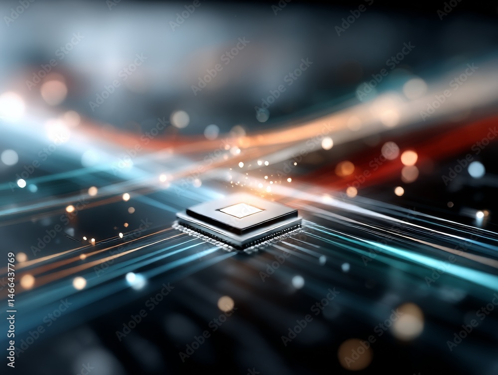 Poster Microchip Illuminates with Data Flow: A Glimpse into the World of Computer Technology and Innovation 
