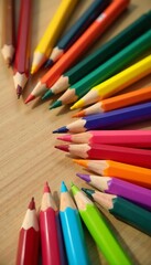 Assortment of bright pens arranged neatly on natural wood table, assortment, pen, desk