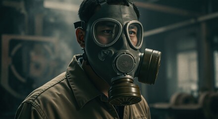 Man wearing gas mask showing concern in industrial setting  