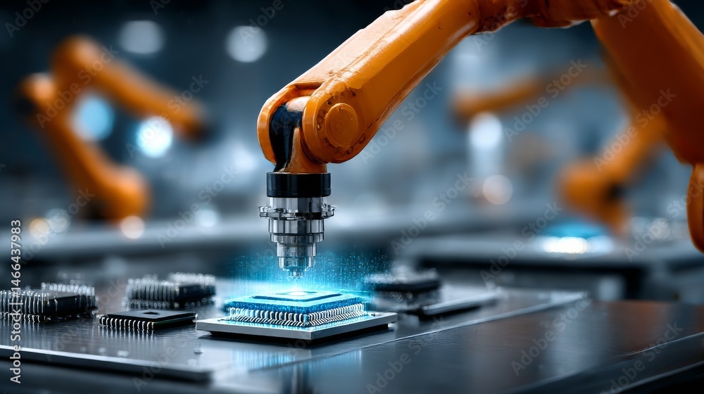 Poster Robotic Arm Precisely Assembling a High-Tech Microchip on a Production Line with Advanced Manufacturing Automation