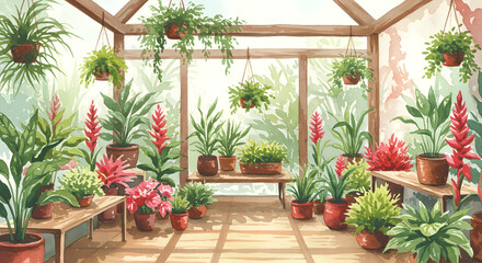 Fototapeta premium Vibrant Greenhouse Interior with Diverse Array of Tropical Plants