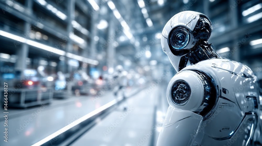 Fototapete Robotic Vision: A Polished White Android Observes an Automated Production Line with Precision and Focus