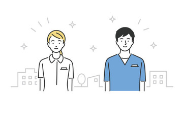 male and female nurses, upper body, front view, vector illustration