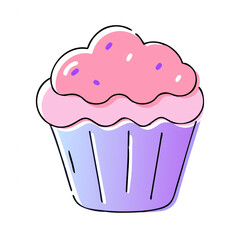 A colorful cupcake with pink frosting and purple sprinkles in a purple wrapper.