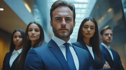 diverse business team in modern startup environment posing together and smiling at camera in casual yet professional office for video portrait - Powered by Adobe