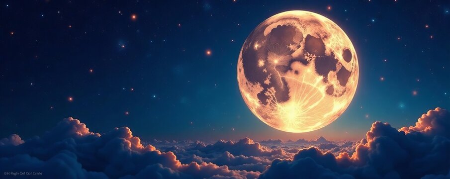 Astrology planet themed vector illustration of a full moon with zodiac signs, symbols, illustration, horoscope