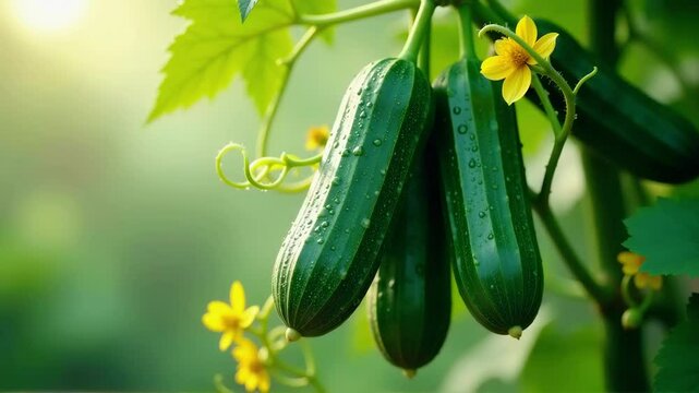 Fresh cucumbers grow amidst vibrant flowers in a sunny garden