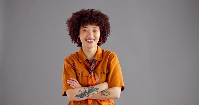 Studio, woman and face with arms crossed for fashion, vintage style and happiness with confidence. Mockup space, African person and portrait with pride for retro clothes, trendy and gray background