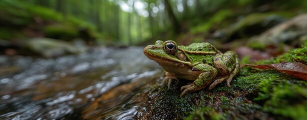 Obraz premium Green Frog Sitting on Mossy Log in River with Mountain Forest Background, Close-Up Wildlife Portrait in Natural Habitat