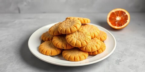 A white plate overflows with golden-brown ginger grapefruit shortbread cookies, set against a subtly textured grey backdrop, grey backdrop, confectionery