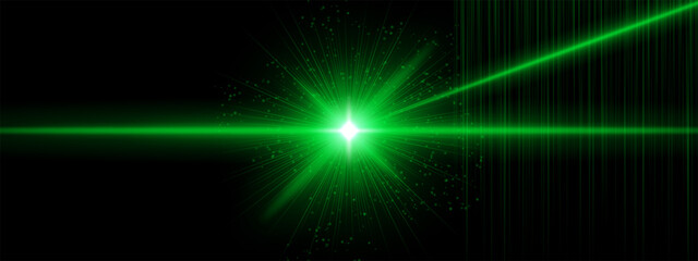 Green energy blast with flare rays and additional angled beams, digital particles spread in black background. Suggests sci-fi ignition, cosmic laser impact.