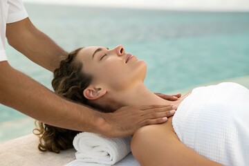 Young woman enjoying neck massage outdoors near ocean. Tranquil spa experience by sea during vacation wellness retreat