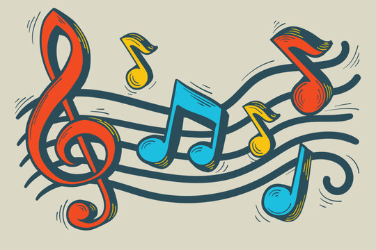 Colorful drawn clef and musical notes - music decorative design