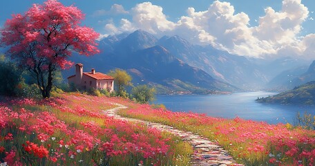 Scenic Countryside Landscape with Mountain and Lake