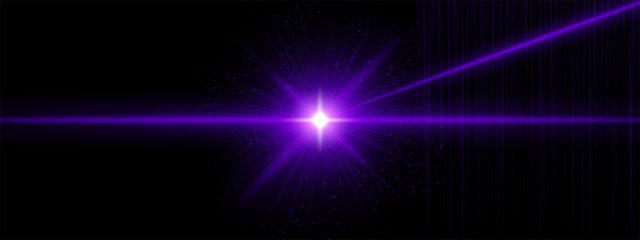 Fototapeta premium Purple glowing starburst with angular beams and vertical light lines, scattered sparkles. Symbolizes cosmic signal, futuristic source, digital energy effect.