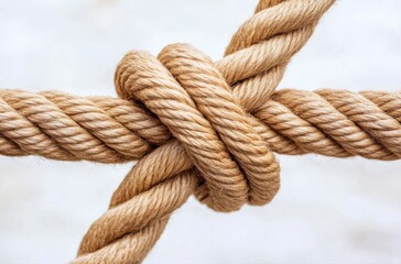 A rope is tied in a knot. The rope is brown and the knot is tied in a way that it looks like a cross