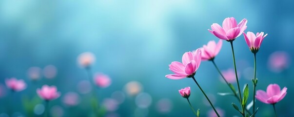Fototapeta premium Close up of delicate blooms in a field of blue, close up, delicate, art