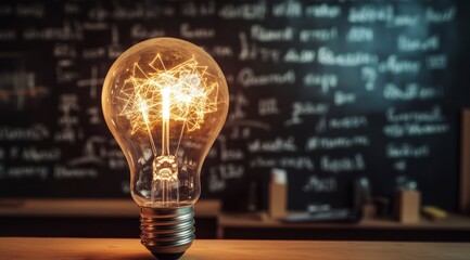 A light bulb is lit up on a desk next to a chalkboard with equations on it. The light bulb represents the idea of illumination and knowledge