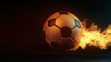 Fototapeta premium Yellow realistic soccer ball in motion, which leaves behind a fiery road when flying on the black background.