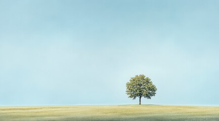 Obraz premium A lone tree stands in a field of grass. The sky is clear and blue, and the tree is the only object in the scene