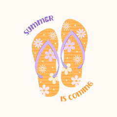 Bright summer flip flops with floral pattern for beach holiday designs. Summer beach slippers, summer is coming, flat vector illustration