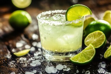 Fototapeta premium Lime And Salt Background. Closeup of Margarita Cocktail with Tequila, Lime, Salt, and Ice