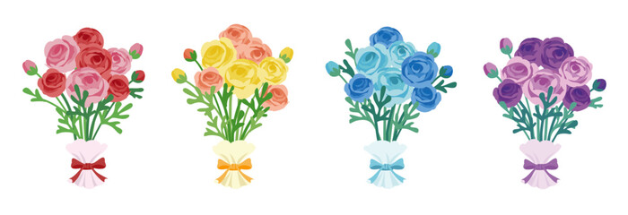 Colorful Ranunculus Bouquet Vector Illustration.Set of color variations.